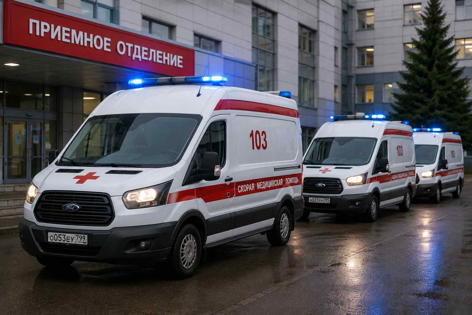 Кареты скорой помощи стоят у приёмного отделения ночью — круглосуточная наркологическая помощь.